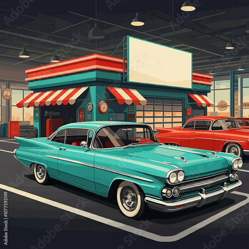 Gas station in the city. Illustration stylized as an old artwork of a gas station. Car in the city	 photo