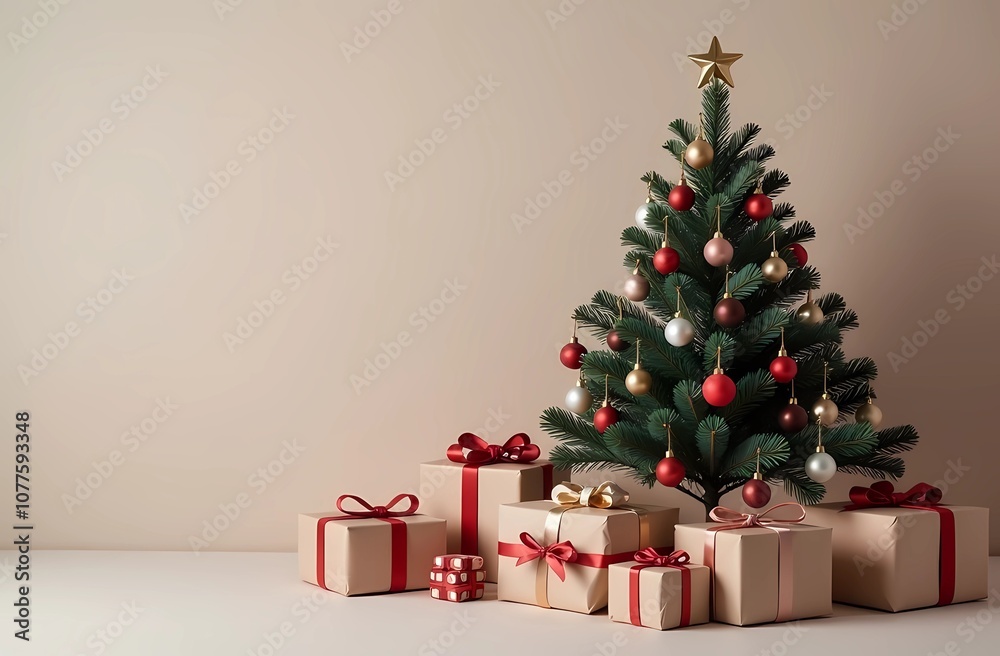 Christmas gifts under the tree on a light background with space for text. New Year tree with New Year's gifts. Christmas gifts under the tree on a light background with space for text. New Year tree with New Year's gifts.