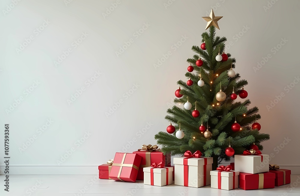 Christmas gifts under the tree on a light background with space for text. New Year tree with New Year's gifts. Christmas gifts under the tree on a light background with space for text. New Year tree with New Year's gifts.
