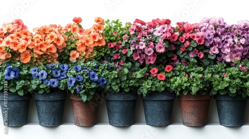 Colorful flowers in pots lined up on a white background.