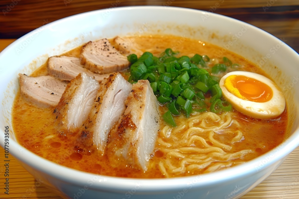 Steaming Bowl of Ramen with Rich Broth, Soft-Boiled Egg, Sliced Pork, and Green Onions, Professional Editorial Photo in Bright Natural Light and Vibrant Colors Steaming Bowl of Ramen with Rich Broth, Soft-Boiled Egg, Sliced Pork, and Green Onions, Professional Editorial Photo in Bright Natural Light and Vibrant Colors