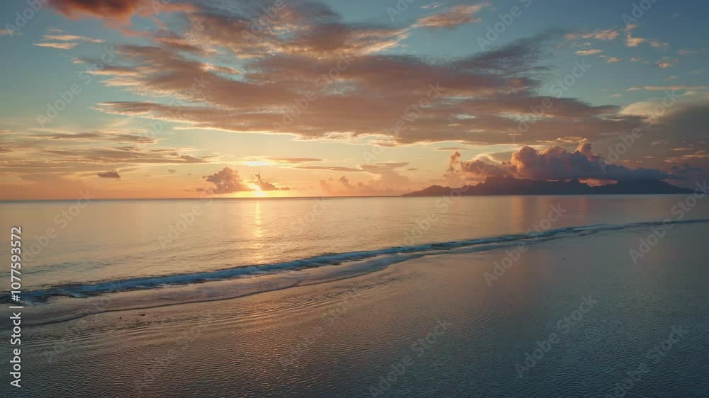 Golden sunset illuminate tranquil ocean, Moorea island in background, tropical paradise scene in French Polynesia. Colorful orange cloudy sky reflect in sea waves. Exotic summer travel. Aerial flight Golden sunset illuminate tranquil ocean, Moorea island in background, tropical paradise scene in French Polynesia. Colorful orange cloudy sky reflect in sea waves. Exotic summer travel. Aerial flight