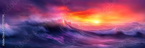 Dramatic sunset over a stormy sea with large waves.