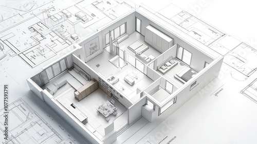 3D architectural model of a modern house layout.