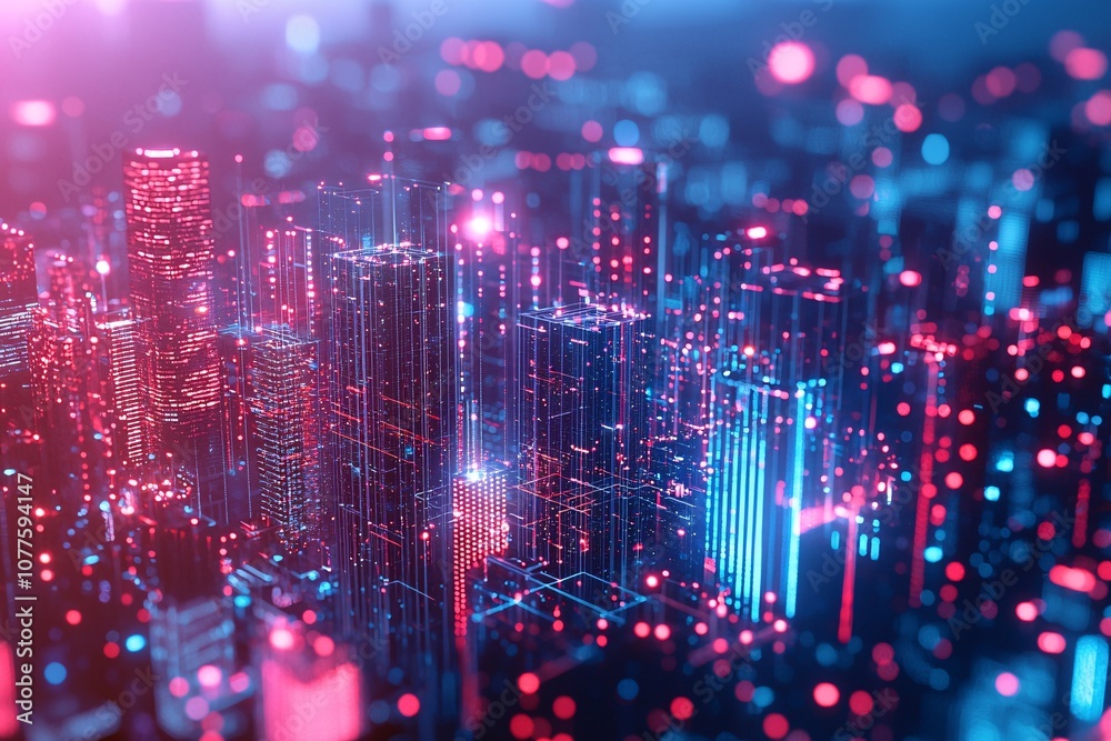 Obraz premium Futuristic Cityscape with Glowing Neon Lights and Digital Network