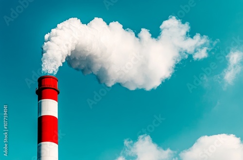 Industrial smoke stacks release white clouds into clear blue sky, highlighting environmental impact