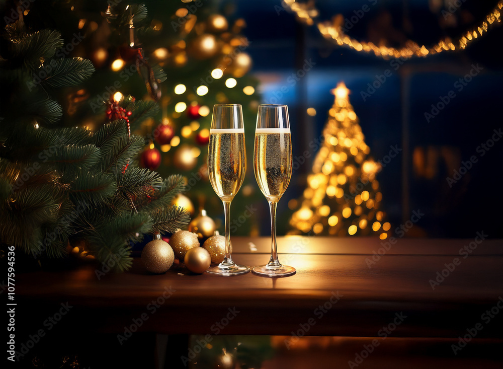 Obraz premium Two champagne flutes filled with sparkling wine sit on a wooden table. Ornamented Christmas trees with twinkling lights blur in the background.