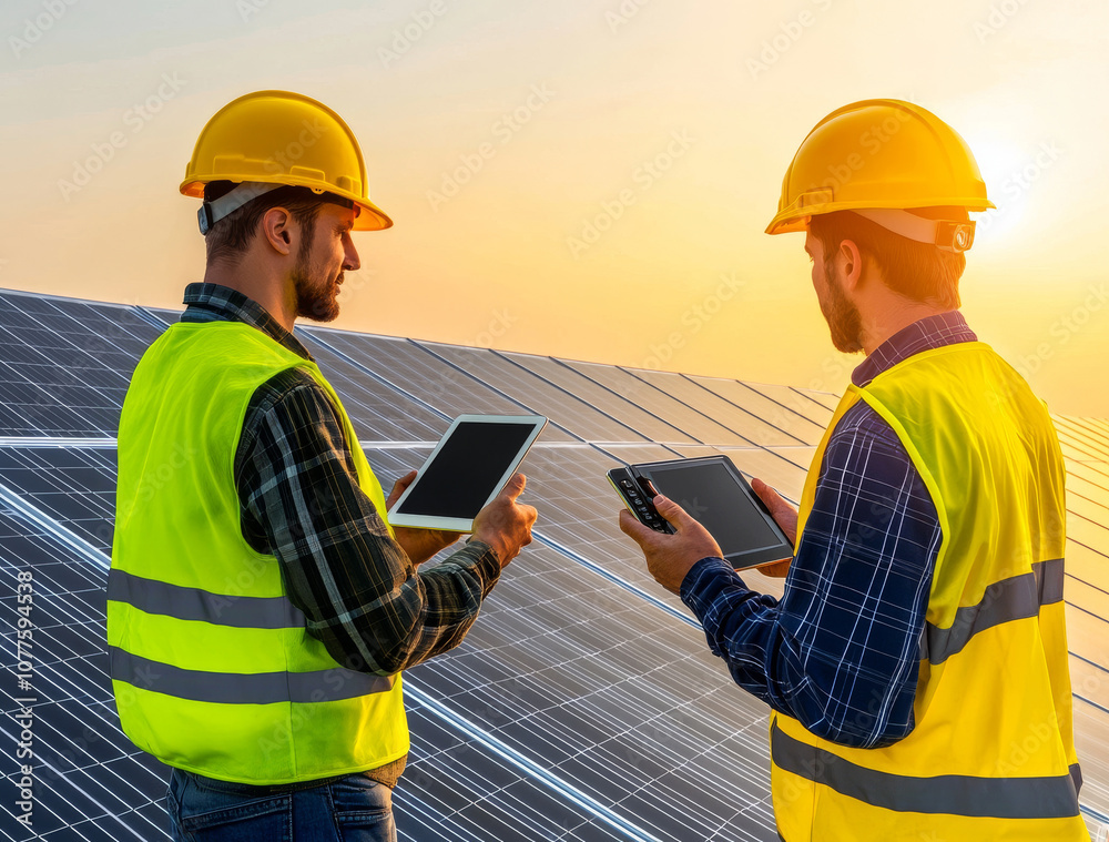 Obraz premium Engineers monitor solar energy systems using tablets for enhanced efficiency and data analysis