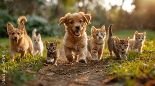 Happy dogs and cats running on the lawn