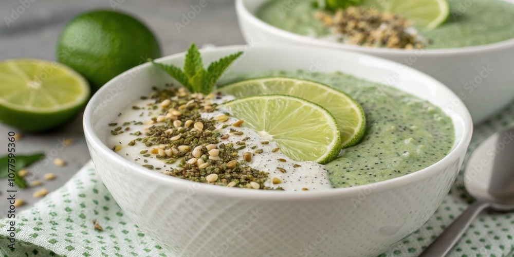 A vivid closeup of a matcha chia pudding decorated with a slice of lime and sprinkled with hemp seeds the green tones contrasting against the white chia base creating an A vivid closeup of a matcha chia pudding decorated with a slice of lime and sprinkled with hemp seeds the green tones contrasting against the white chia base creating an