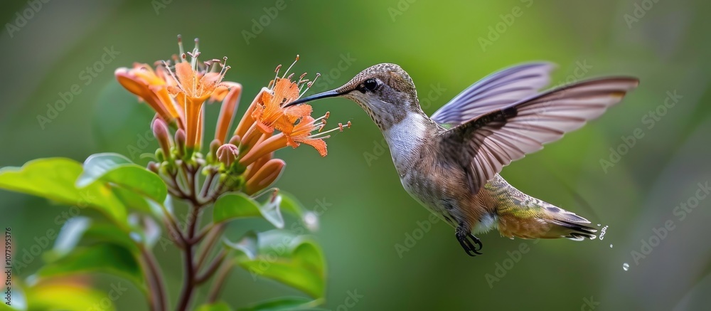 Fototapeta premium Hummingbird Feeding on Orange Flowers