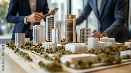 Real Estate Business Meeting Real estate developers discussing new project in an American urban setting with architectural models and financial plans on the table