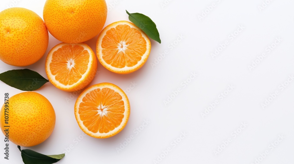 Fresh whole and halved oranges with green leaves on a white background showcasing vibrant citrus fruit presentation. Fresh whole and halved oranges with green leaves on a white background showcasing vibrant citrus fruit presentation.