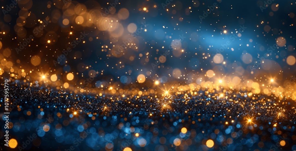 Fototapeta premium Blue and Gold Abstract Background with Glittering Particles and Bokeh Lights for Christmas and New Year
