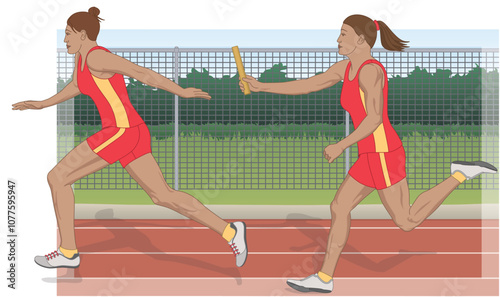 relay race, female runner passing the baton to her fellow team mate running on track with an outdoor background