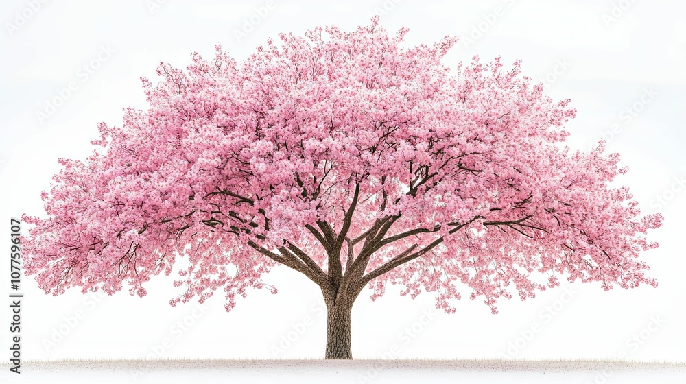 A Large Pink Cherry Blossom Tree in Full Bloom Against a White Background A Large Pink Cherry Blossom Tree in Full Bloom Against a White Background