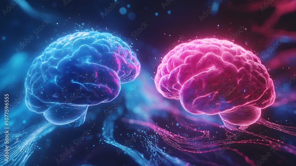 Two floating 3D brains linked by pulsating holographic waves, vibrant electric blue and pink, surrealism, symbolizing the complexity of communication Two floating 3D brains linked by pulsating holographic waves, vibrant electric blue and pink, surrealism, symbolizing the complexity of communication