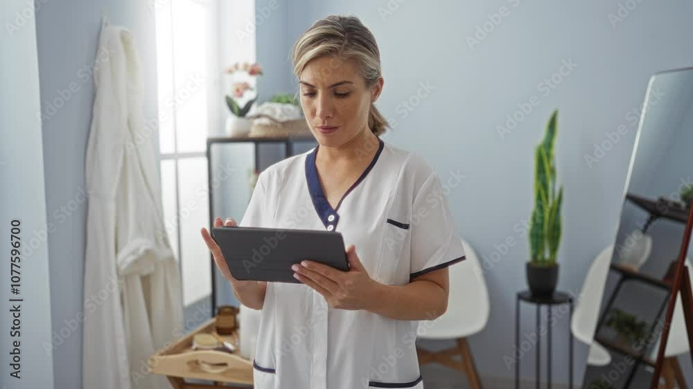 Woman in white uniform holding tablet in serene spa room with potted plants and wooden table showcasing a calm wellness setting Woman in white uniform holding tablet in serene spa room with potted plants and wooden table showcasing a calm wellness setting