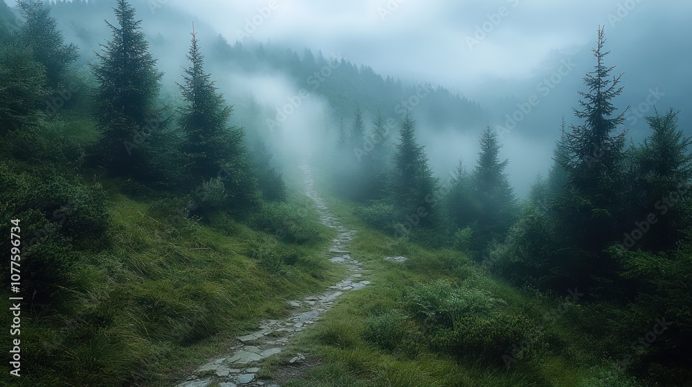 Obraz premium Misty forest path winding through lush greenery and trees.