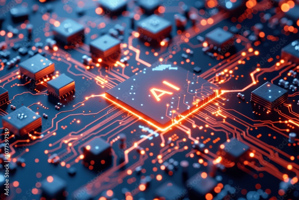 Futuristic AI Circuit Board with Glowing Chip