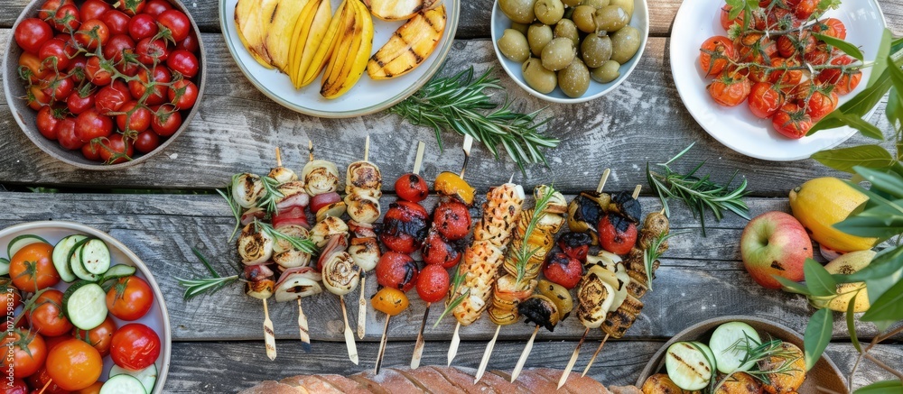 Grilled Vegetables and Skewers on Wooden Table Grilled Vegetables and Skewers on Wooden Table