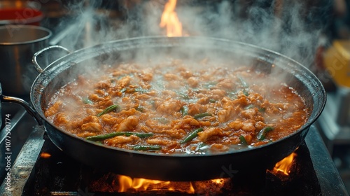 A large pan of food simmers on an open flame, with steam rising up.