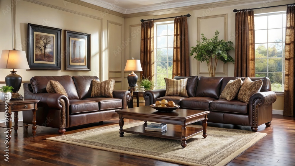 Fototapeta premium Transform your living room with paint colors that enhance chocolate brown furniture, creating a warm, cozy ambiance for stylish and inviting home interiors.