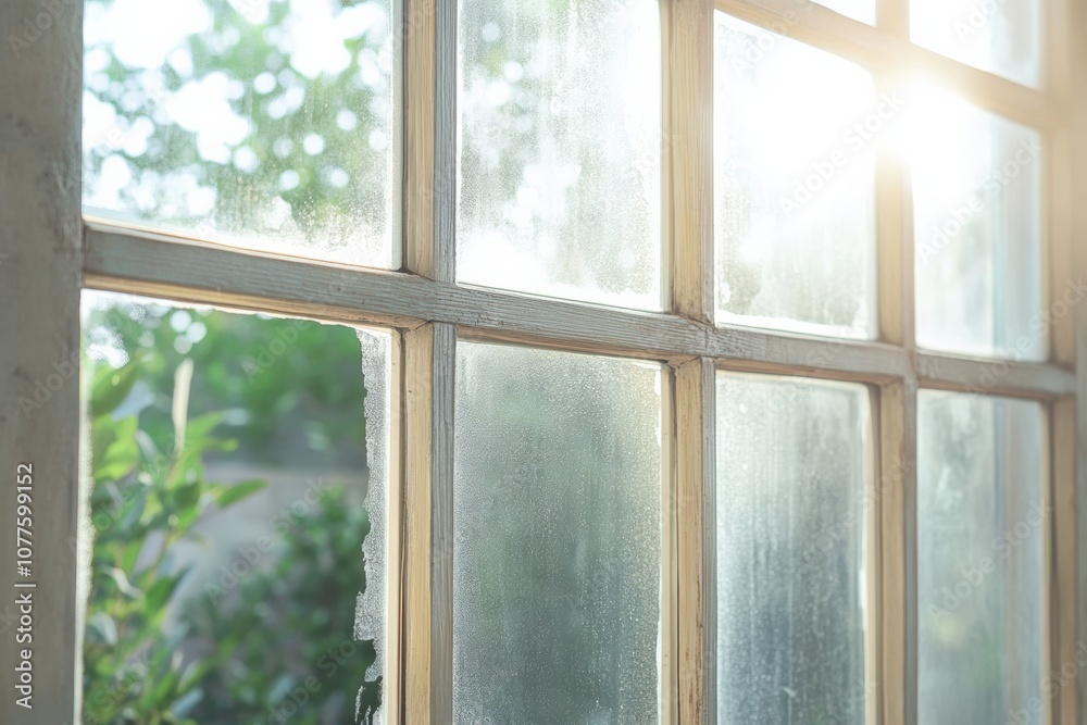 Clean window with garden view, sunlight streaming through. Clean window with garden view, sunlight streaming through.