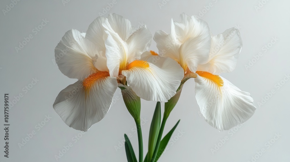 Three elegant white flowers with orange accents against a neutral background. Three elegant white flowers with orange accents against a neutral background.
