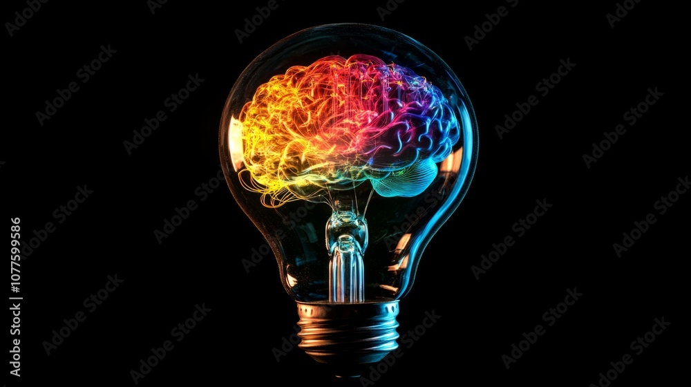 Human brain in a transparent light bulb, emitting bright colors, creativity. generative ai Human brain in a transparent light bulb, emitting bright colors, creativity. generative ai