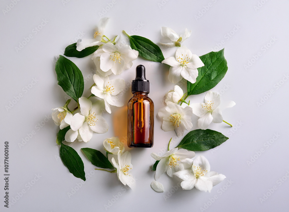 A glass bottle of amber essential oil sits in the center of a circle of white jasmine blossoms and green leaves on a plain white background.