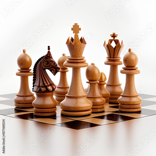 wooden chess pieces on a white background. 3d illustration.