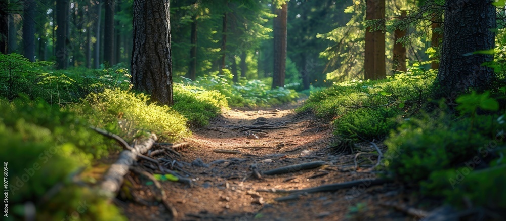 Obraz premium Sunlight Illuminates a Path Through a Lush Forest