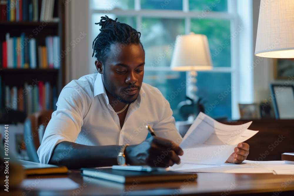 Fototapeta premium Focused African American Businessman Reviewing Document Papers in Modern Home Office Setup