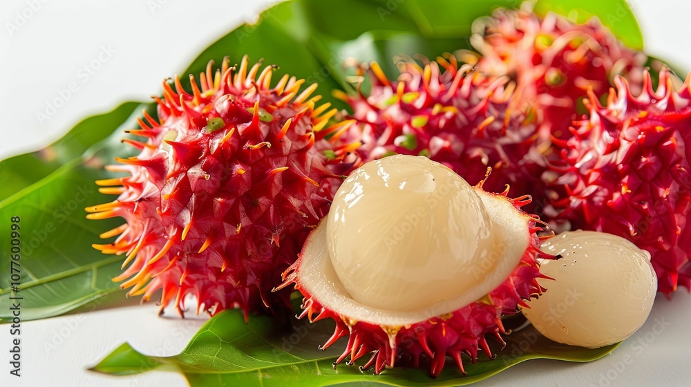 Close-up of Rambutan Fruit with Spiky Red Husk and White Flesh Close-up of Rambutan Fruit with Spiky Red Husk and White Flesh
