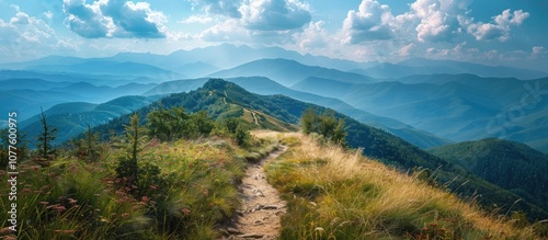 Mountain Path Leading Through Verdant Hills