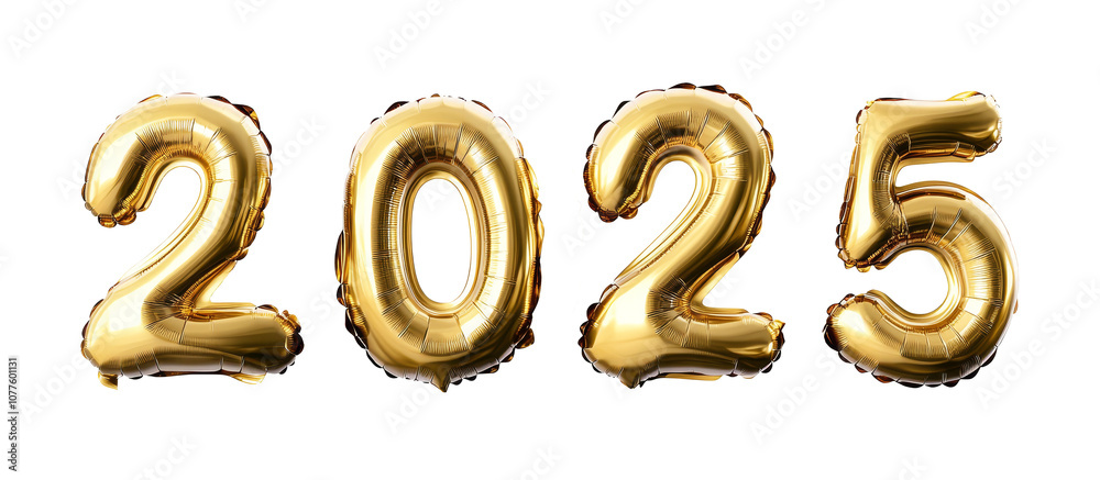  Happy New Year 2025 celebration, metallic Golden Yellow foil color balloons. Extend warm wishes for a Happy New Year and Merry Christmasisolated on white or transparent background.