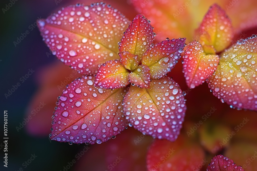 Close-up of vibrant red and yellow leaves with dew drops. Close-up of vibrant red and yellow leaves with dew drops.