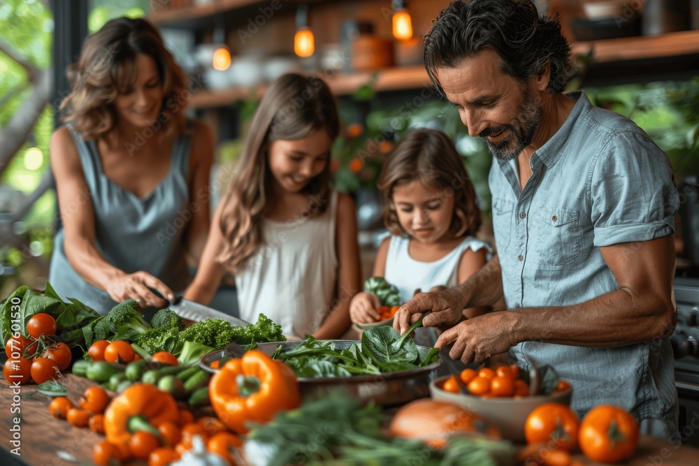 happy family preparing salad in kitchen happy family preparing salad in kitchen