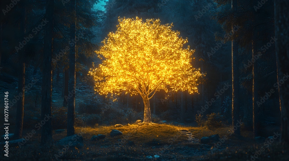 Obraz premium A glowing golden tree in a dark forest, surrounded by ordinary green trees, shining as a symbol of resilience and uniqueness against adversity