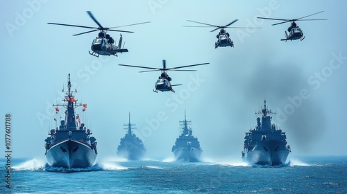 A fleet of warships sailing in formation, with several military helicopters flying overhead.