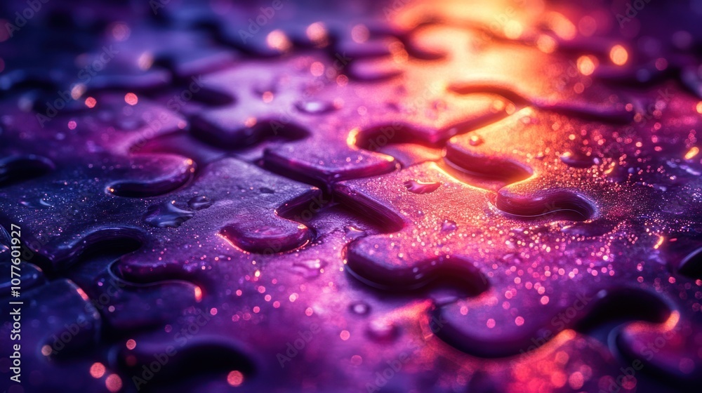 Close-up of a colorful, wet jigsaw puzzle with vibrant lighting. Close-up of a colorful, wet jigsaw puzzle with vibrant lighting.
