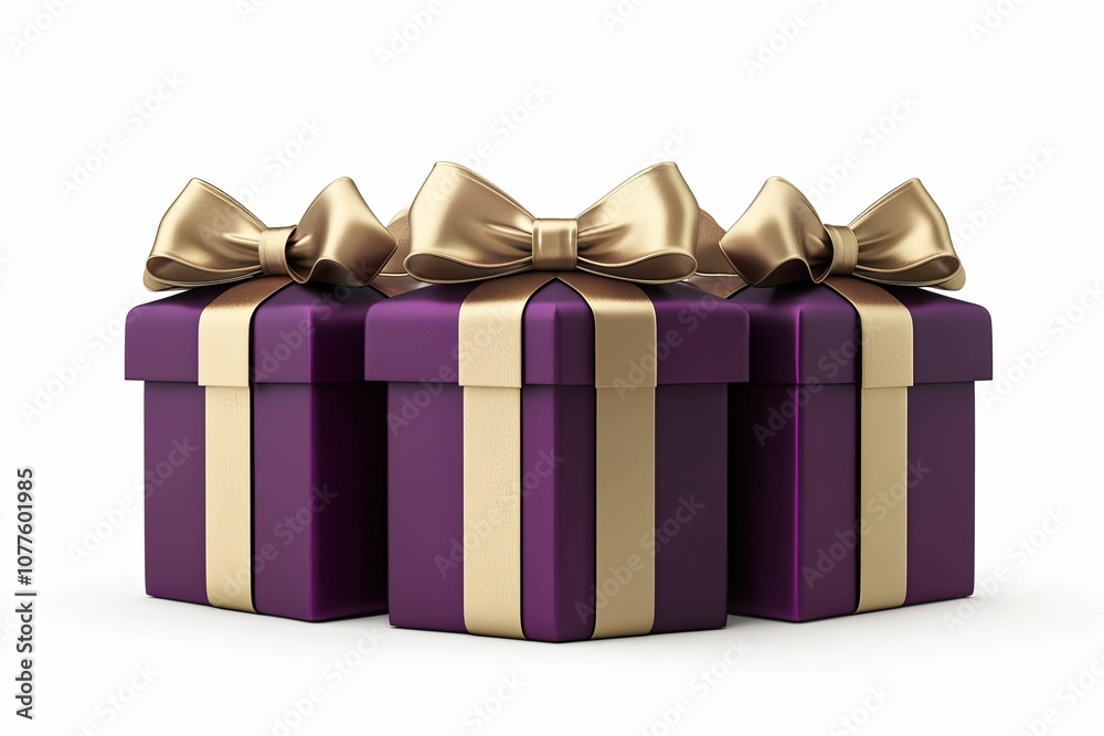 Three Purple Gift Boxes with Gold Ribbon Bows Three Purple Gift Boxes with Gold Ribbon Bows