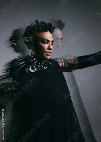 Artistic portrait of futuristic punk man with motion blur effect photo