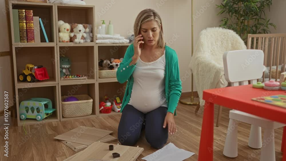 Pregnant woman in a teal cardigan kneeling on the wooden floor assembling furniture while talking on the phone in a cozy home living room filled with toys and a bookshelf. Pregnant woman in a teal cardigan kneeling on the wooden floor assembling furniture while talking on the phone in a cozy home living room filled with toys and a bookshelf.