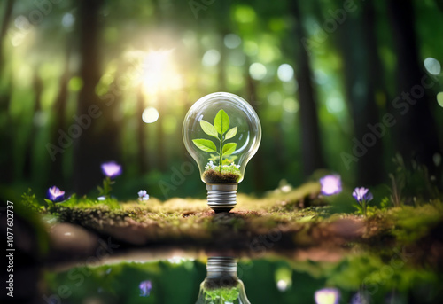 A lightbulb with a small plant growing inside sits on moss near a stream in a lush green forest. photo