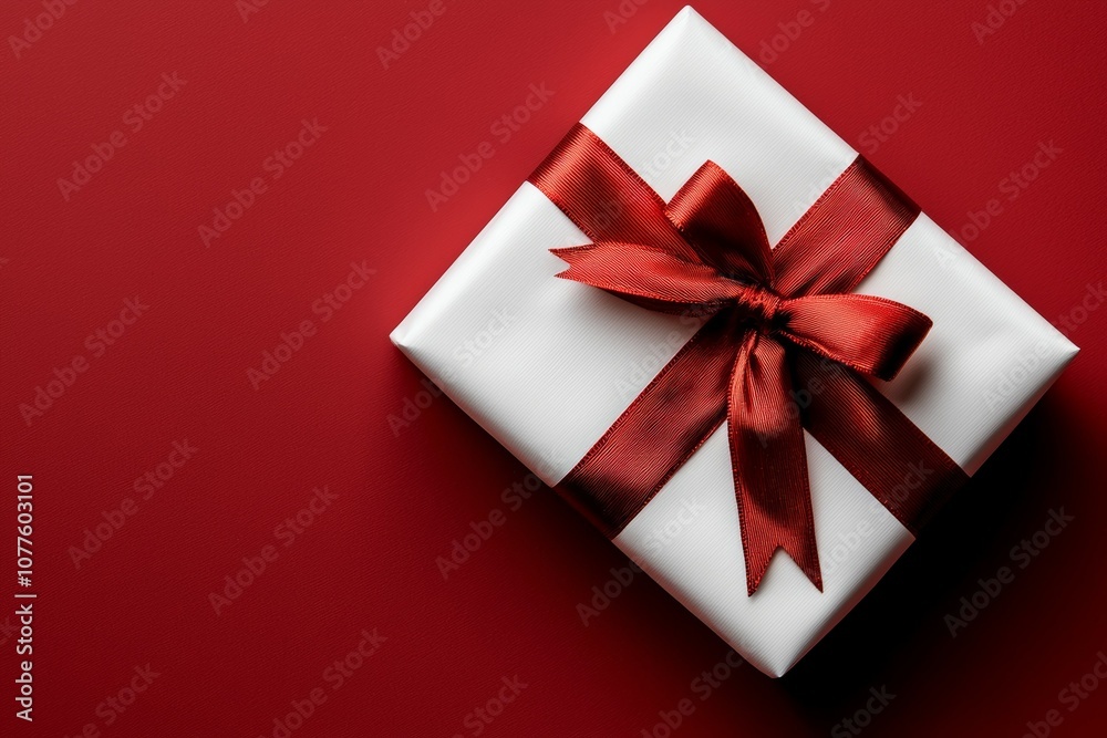A white box with a red ribbon on top of a red background A white box with a red ribbon on top of a red background