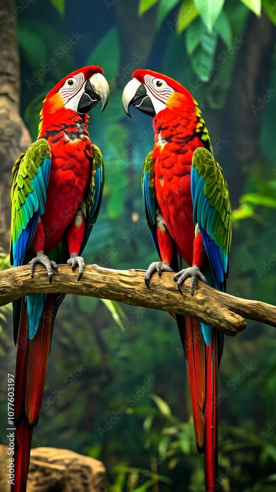 Two scarlet macaws perch on a branch in a lush jungle setting Two scarlet macaws perch on a branch in a lush jungle setting