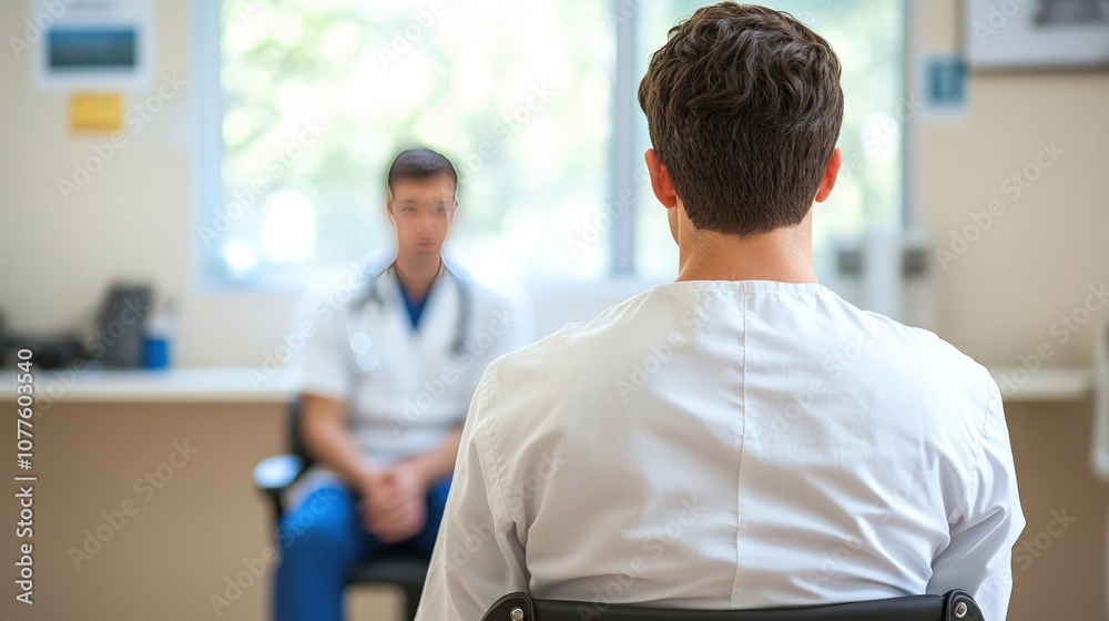 A doctor sits across from a patient in a consultation room, listening to his concerns. A doctor sits across from a patient in a consultation room, listening to his concerns.