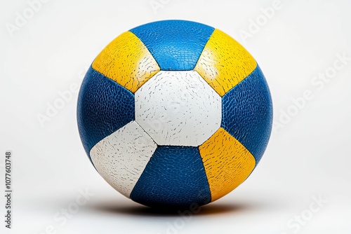 A Worn Blue, Yellow, and White Volleyball photo